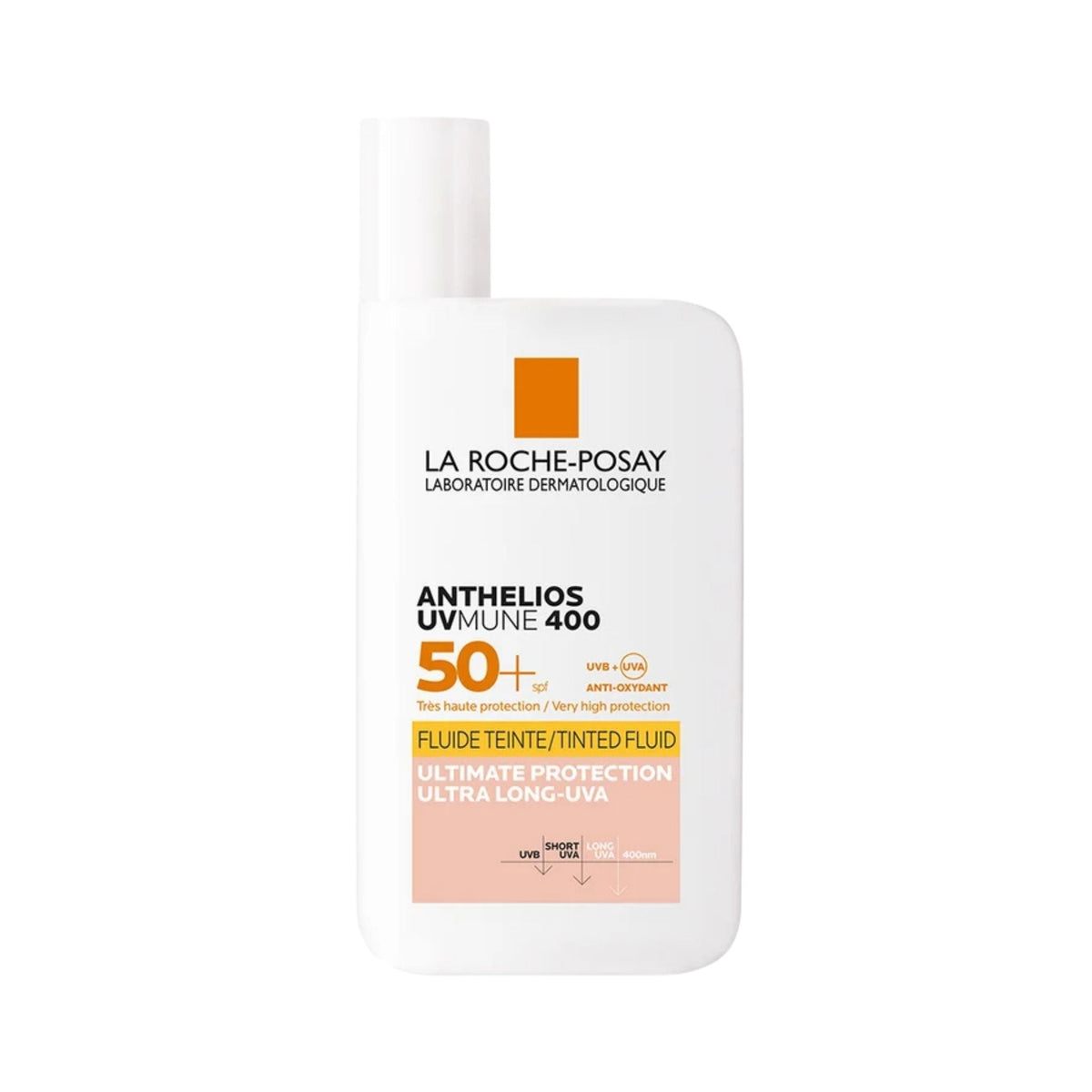 Refect Beauty La Roche-Posay Anthelios UVMune 400 Tinted Fluid SPF 50+ sunscreen bottle with white cap