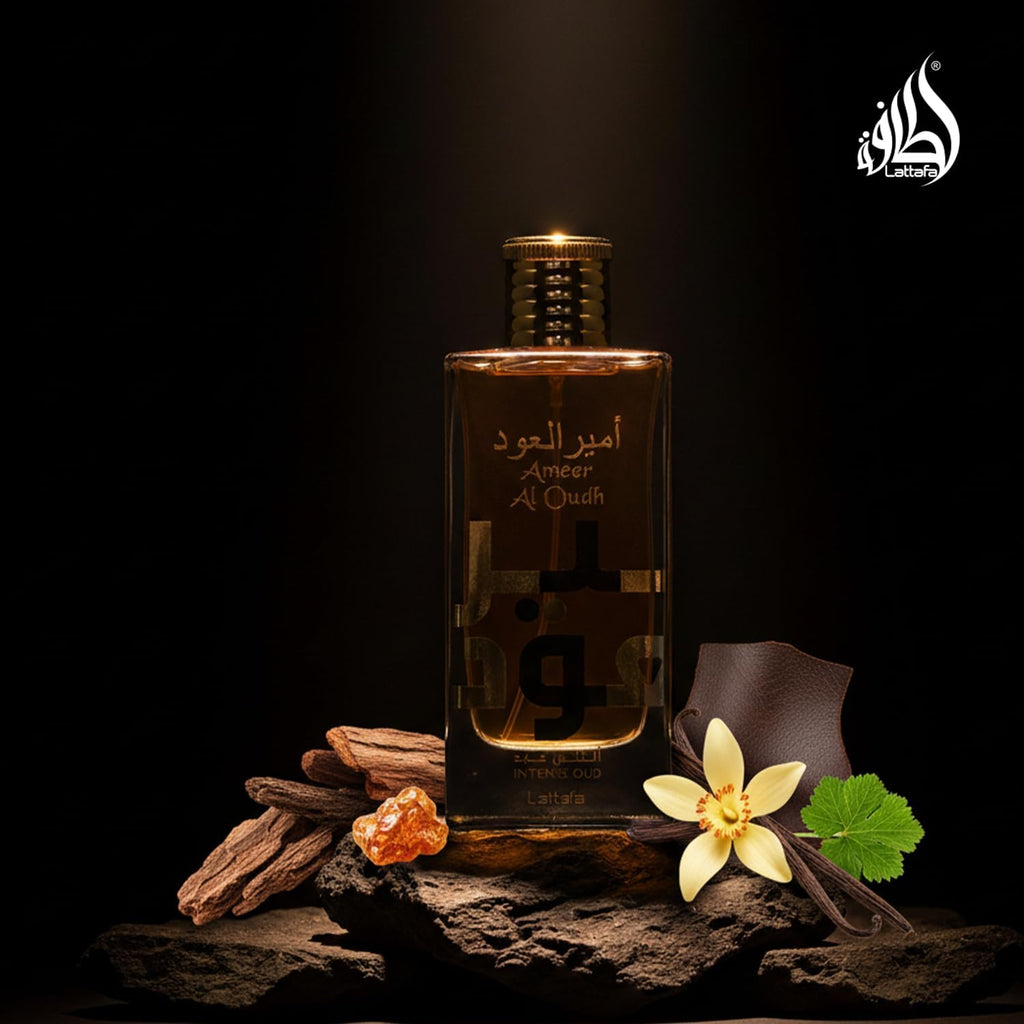 Refect Beauty Lattafa Amir El Oud Intense Oud perfume bottle with woody, floral, and amber accents on a dark background