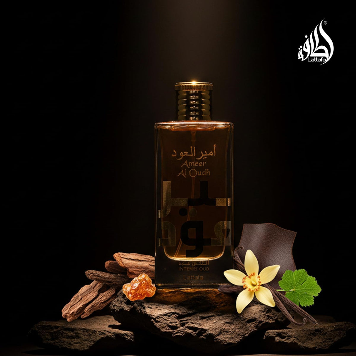 Refect Beauty Lattafa Amir El Oud Intense Oud perfume bottle with woody, floral, and amber accents on a dark background