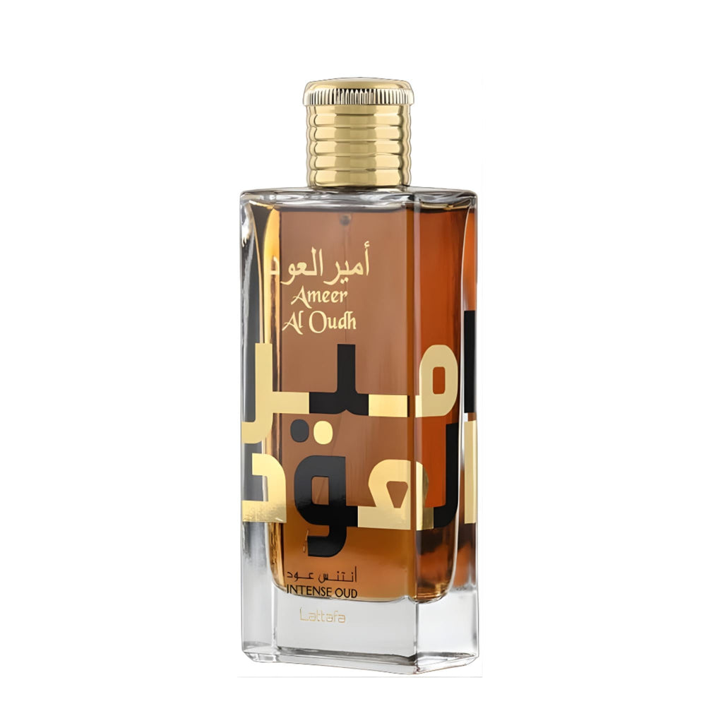 Refect Beauty Lattafa Amir El Oud Intense Oud perfume bottle with gold cap and elegant Arabic calligraphy label