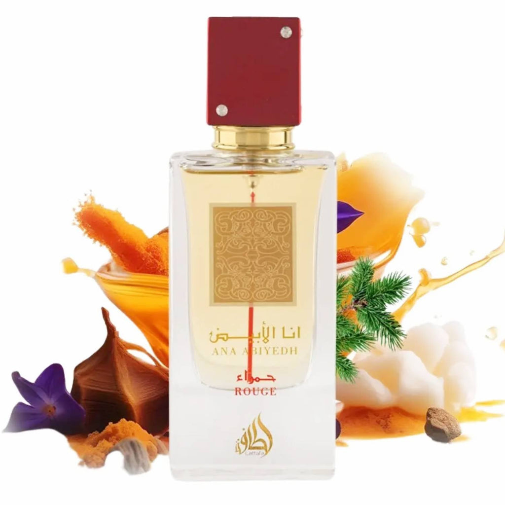 Refect Beauty Lattafa Ana Abiyedh Rouge Eau de Parfum in a clear glass bottle with a deep red cap and gold accents.