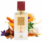 Refect Beauty Lattafa Ana Abiyedh Rouge Eau de Parfum in a clear glass bottle with a deep red cap and gold accents.