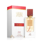 Refect Beauty Lattafa Ana Abiyedh Rouge Eau de Parfum bottle with red cap and white box packaging on white background