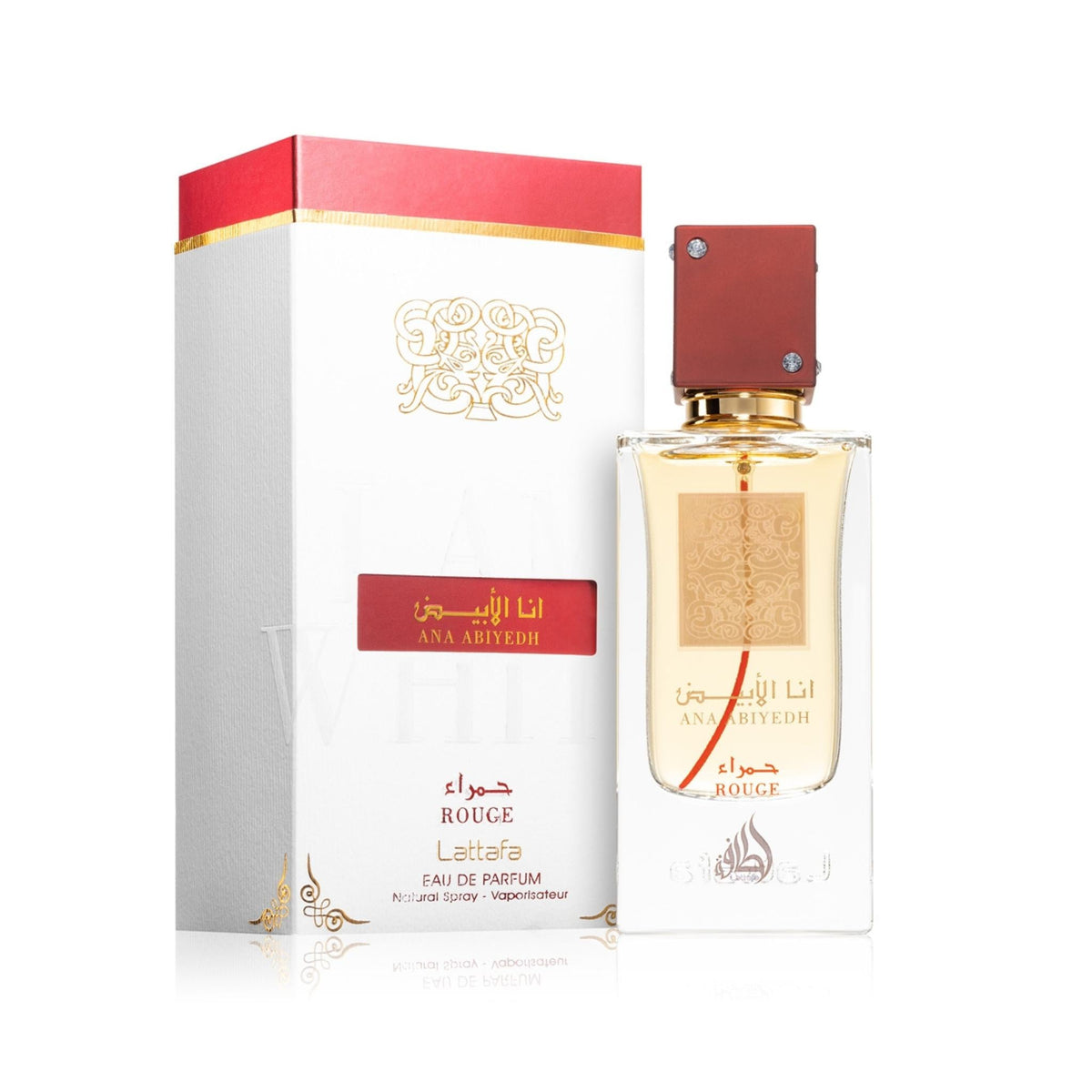 Refect Beauty Lattafa Ana Abiyedh Rouge Eau de Parfum bottle with red cap and white box packaging on white background