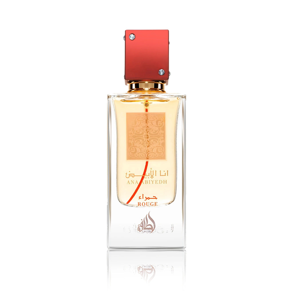 Refect Beauty Lattafa Ana Abiyedh Rouge Eau de Parfum in a clear glass bottle with a distinctive red cap.