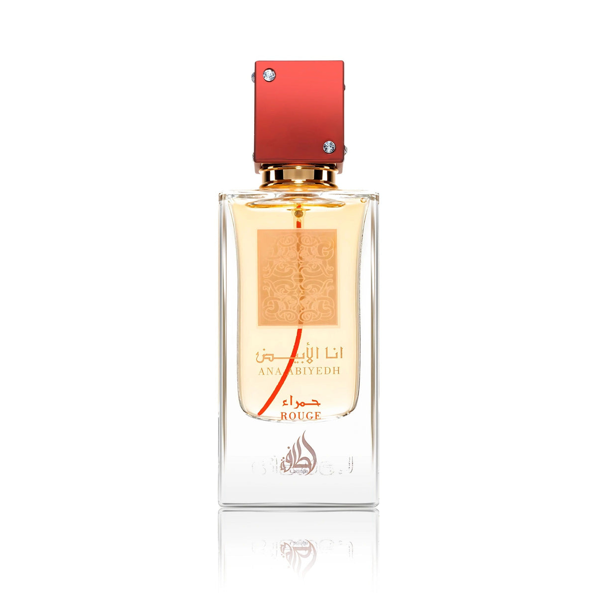 Refect Beauty Lattafa Ana Abiyedh Rouge Eau de Parfum in a clear glass bottle with a distinctive red cap.