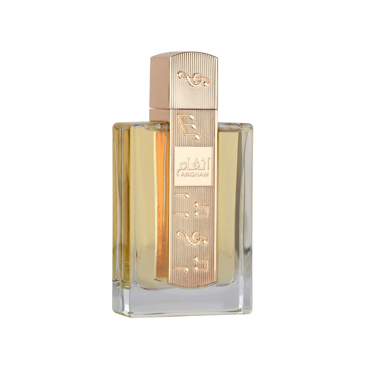 Refect Beauty Lattafa Angham Eau de Parfum in a rectangular glass bottle with a rose gold musical note cap.