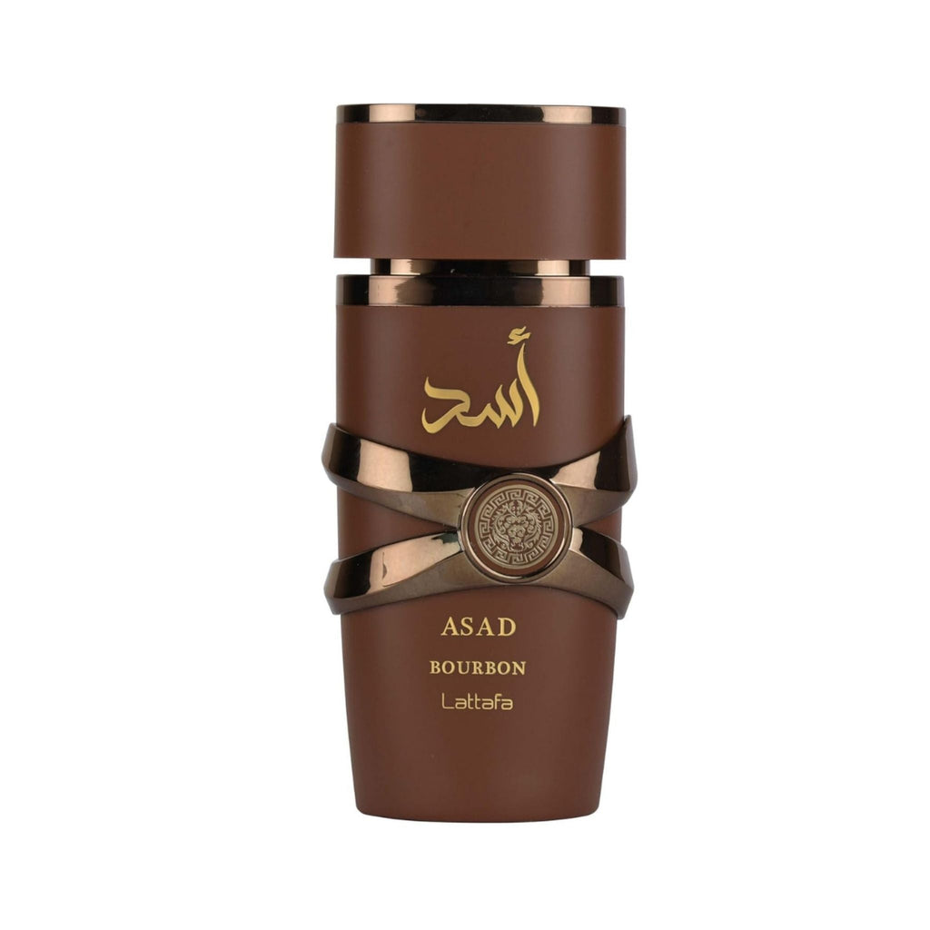 Refect Beauty Lattafa Asad Bourbon Eau De Parfum in a brown cylindrical bottle with metallic gold accents.