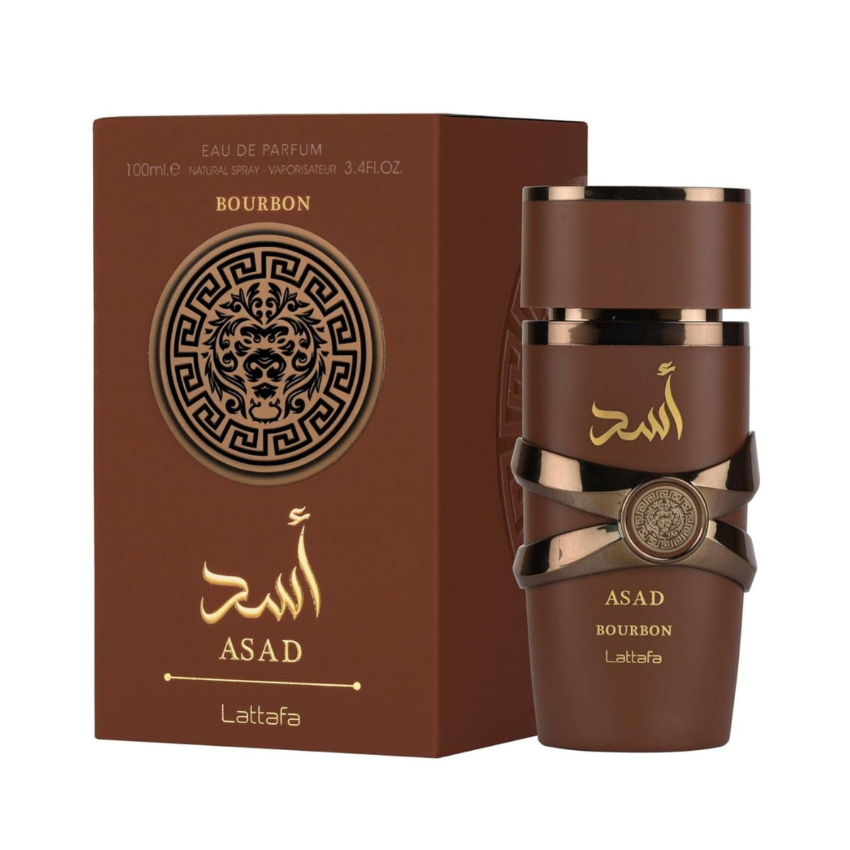 Refect Beauty Lattafa Asad Bourbon Eau de Parfum bottle and brown box with gold lion emblem and Arabic calligraphy