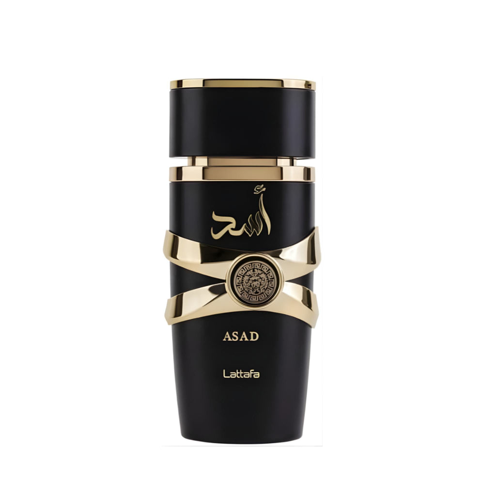 Refect Beauty Lattafa Asad Eau de Parfum in a sleek black bottle with gold accents and Arabic calligraphy.