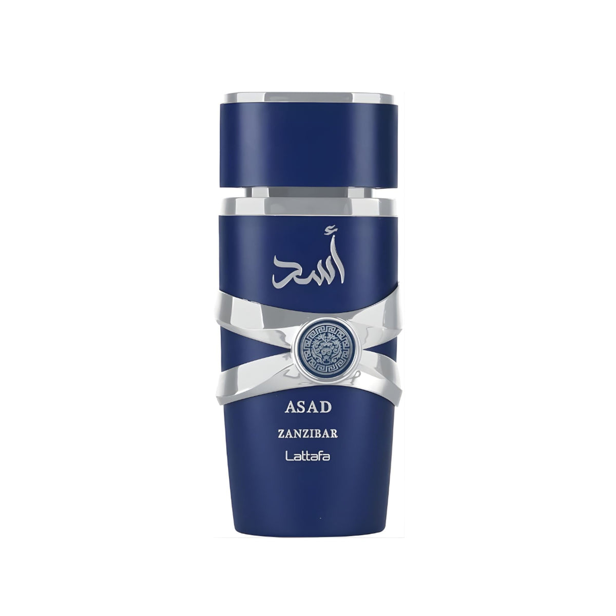 Refect Beauty Lattafa Asad Zanzibar Eau de Parfum bottle in deep blue with silver accents and intricate emblem.