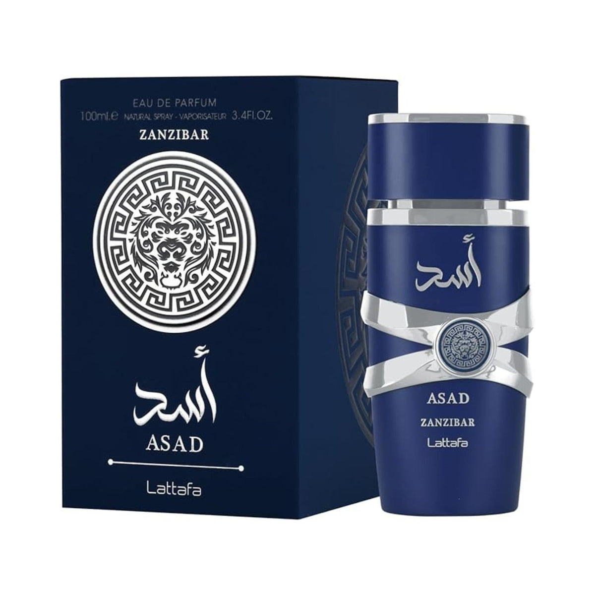 Refect Beauty Lattafa Asad Zanzibar Eau de Parfum bottle and dark blue box with silver lion emblem and Arabic script.
