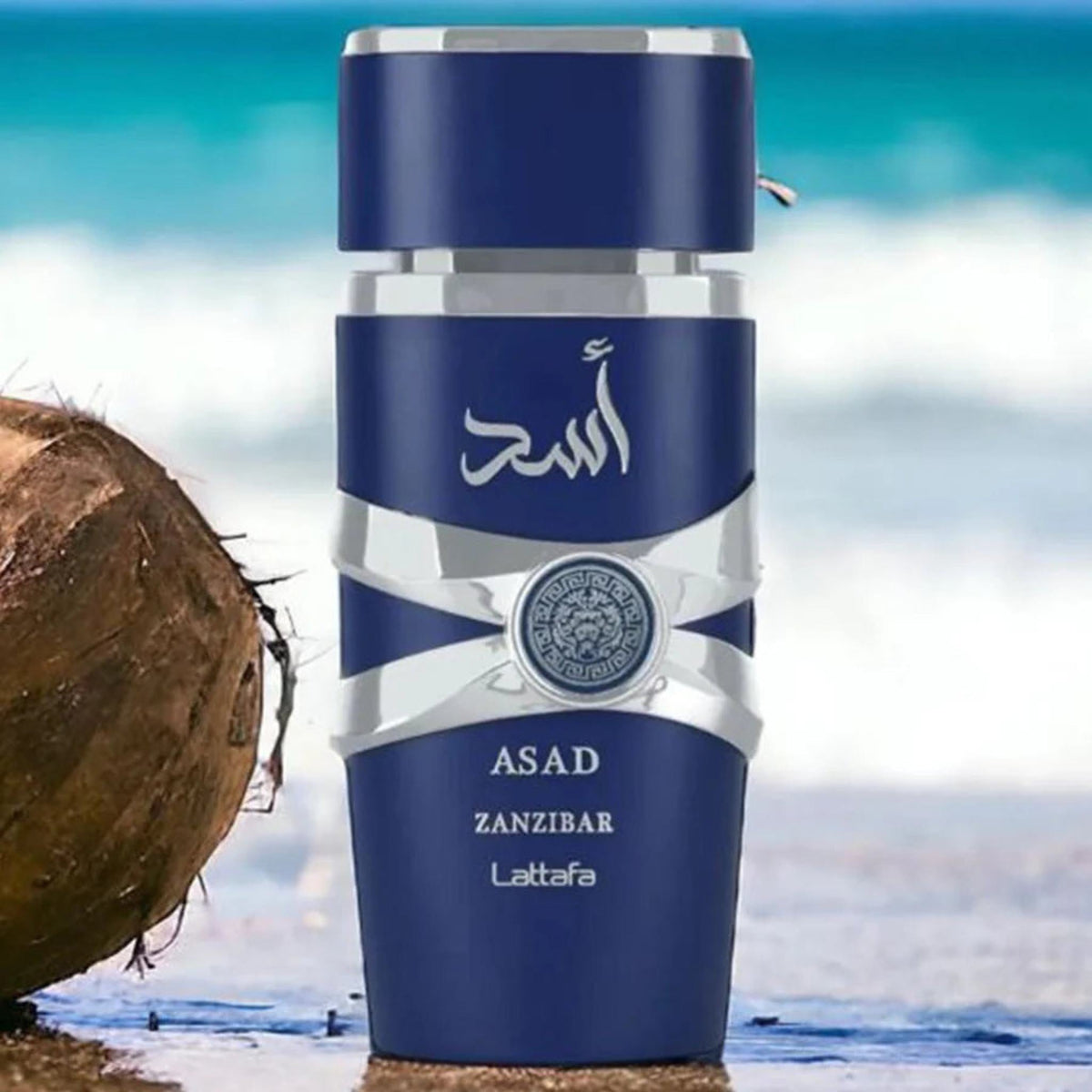 Refect Beauty Lattafa Asad Zanzibar Eau de Parfum bottle with blue design and silver accents on a tropical beach