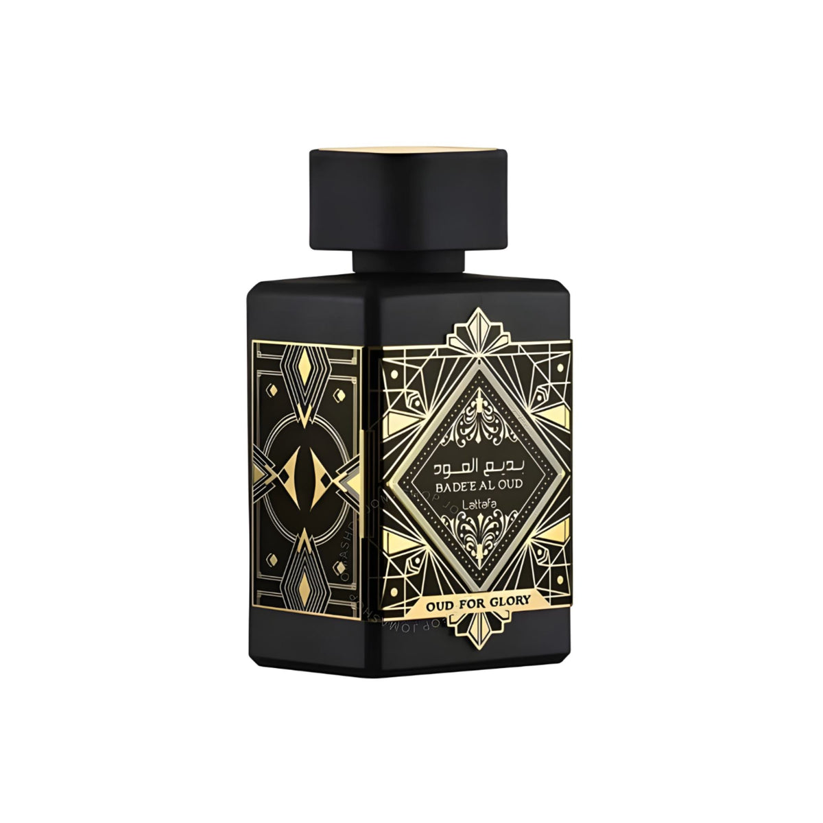 Refect Beauty Lattafa Bade’e Al Oud Oud for Glory unisex eau de parfum in a black bottle with gold geometric patterns