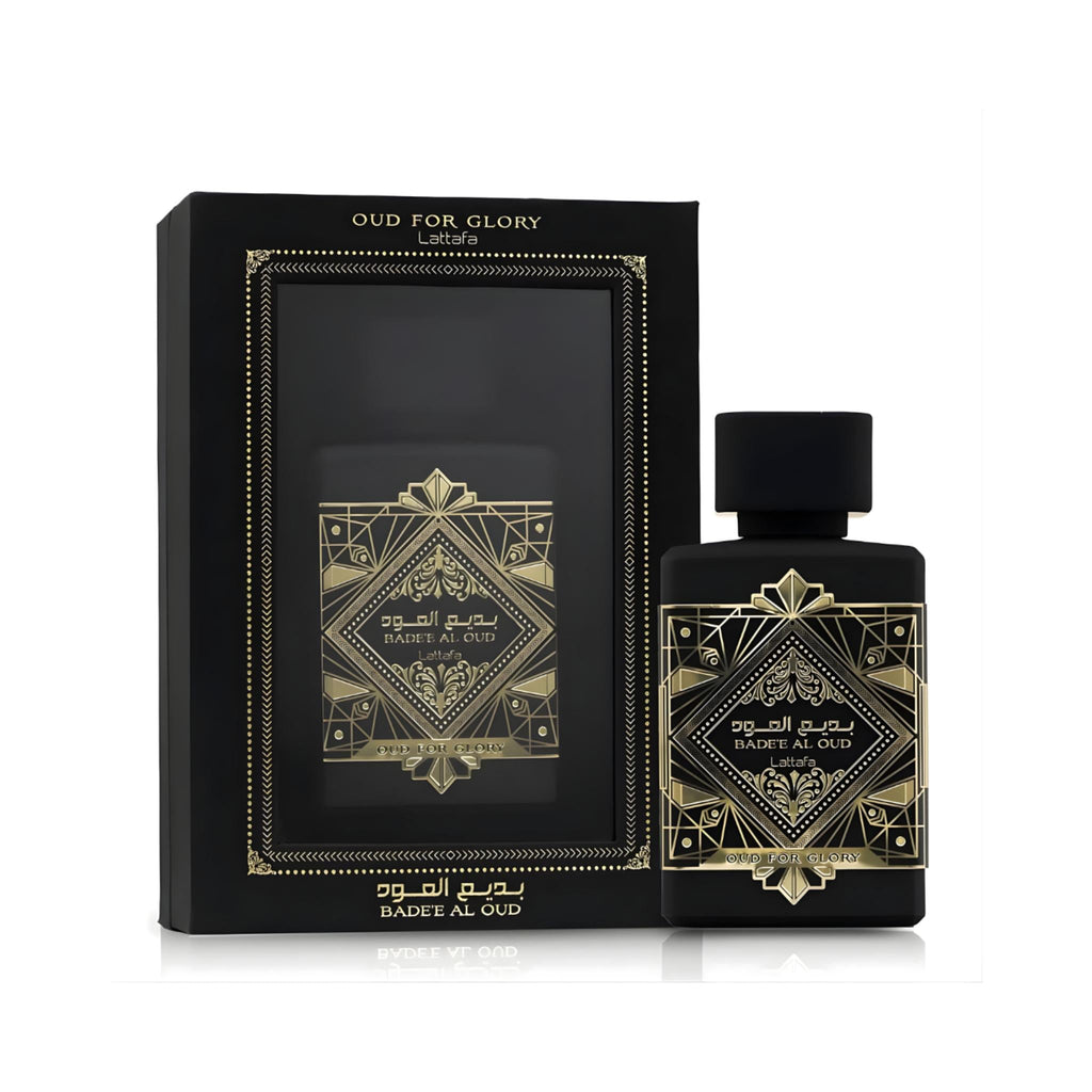 Refect Beauty Lattafa Bade’e Al Oud Oud for Glory perfume bottle and black gift box with gold geometric patterns.