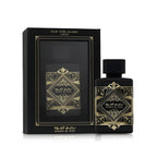 Refect Beauty Lattafa Bade’e Al Oud Oud for Glory perfume bottle and black gift box with gold geometric patterns.