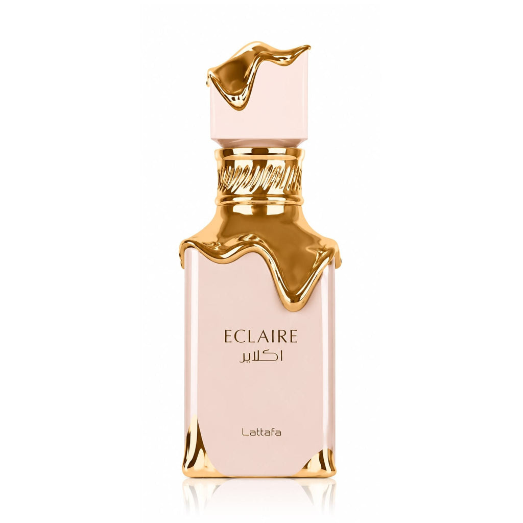Refect Beauty Lattafa Eclaire Eau de Parfum in a pale pink bottle with elegant gold dripping accents