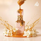 Refect Beauty Lattafa Eclaire perfume bottle with dripping honey and white flowers on a soft beige background