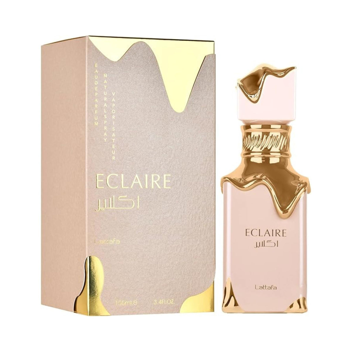 Refect Beauty Lattafa Eclaire Eau de Parfum bottle and box with pink and gold drip design, a sweet gourmand fragrance.