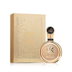 Refect Beauty Lattafa Fakhar Lattafa Extrait perfume bottle and ornate gold gift box on a white background