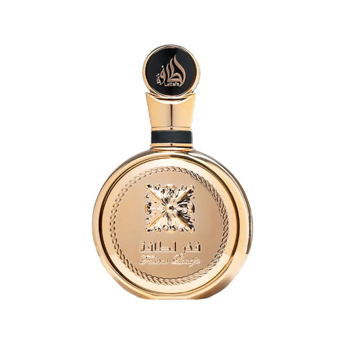 Refect Beauty Lattafa Fakhar Lattafa Extrait perfume bottle in a round gold design with ornate embossed detailing.