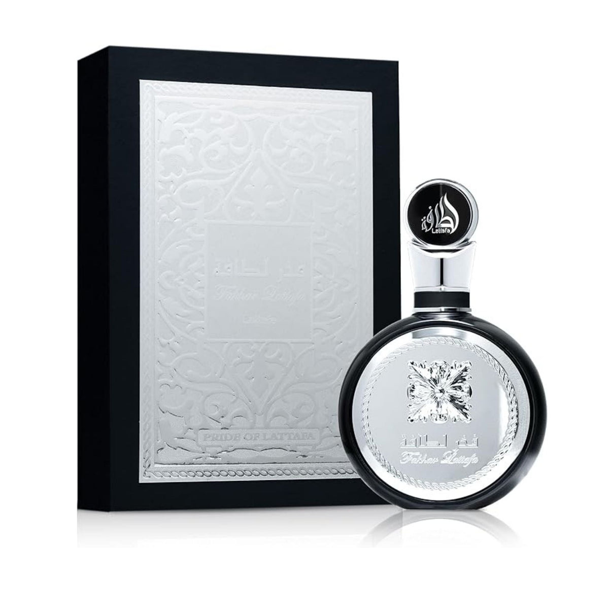 Refect Beauty Lattafa Fakhar Eau de Parfum bottle and elegant black and silver embossed presentation box