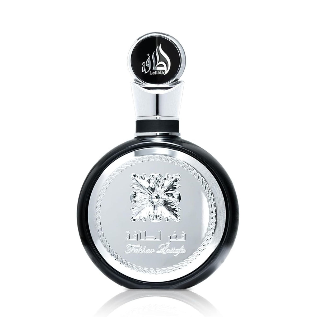 Refect Beauty Lattafa Fakhar Eau de Parfum in a sleek round black and silver bottle with elegant embossed detailing.