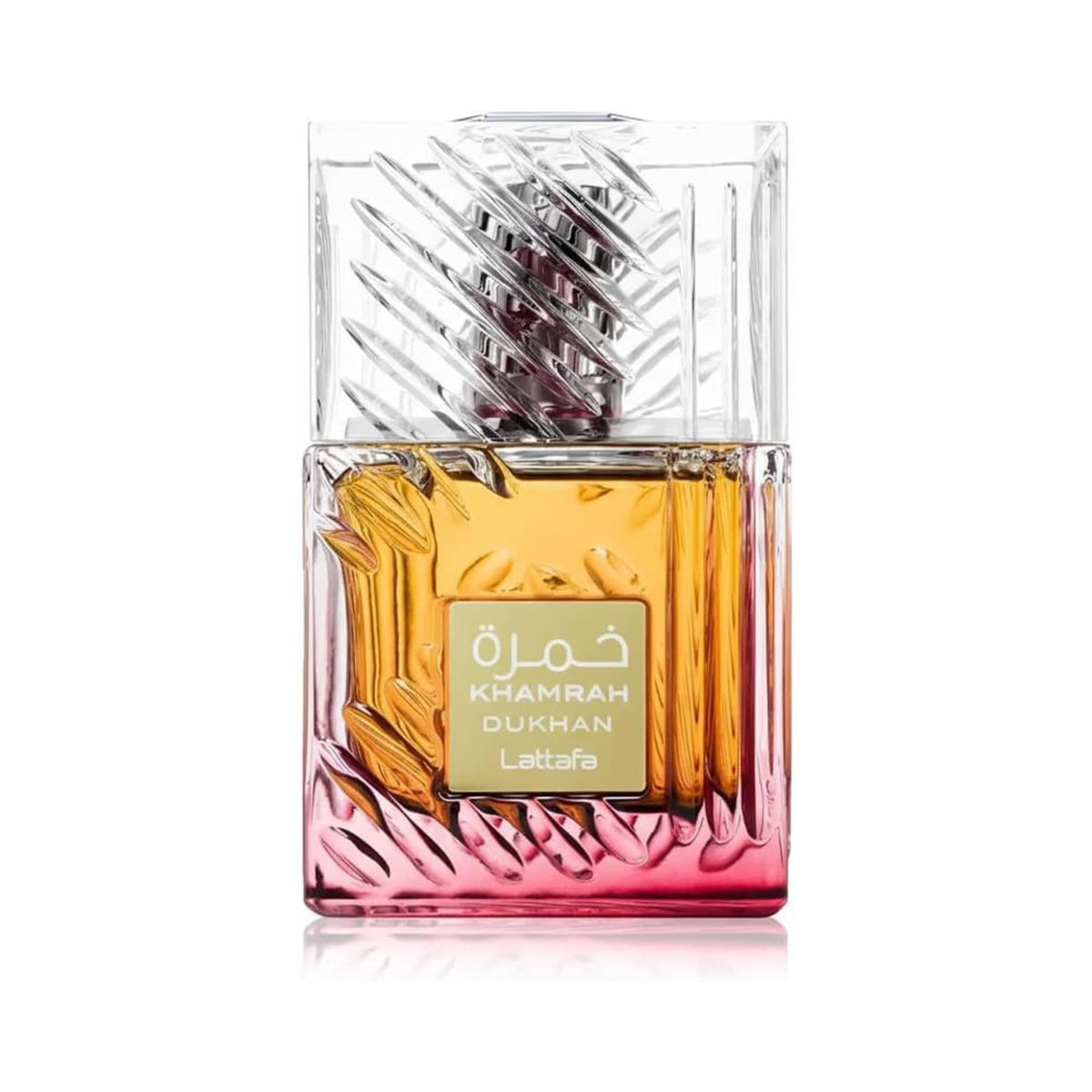 Refect Beauty Lattafa Khamrah Dukhan Eau de Parfum in a square glass bottle with a textured amber and pink gradient.
