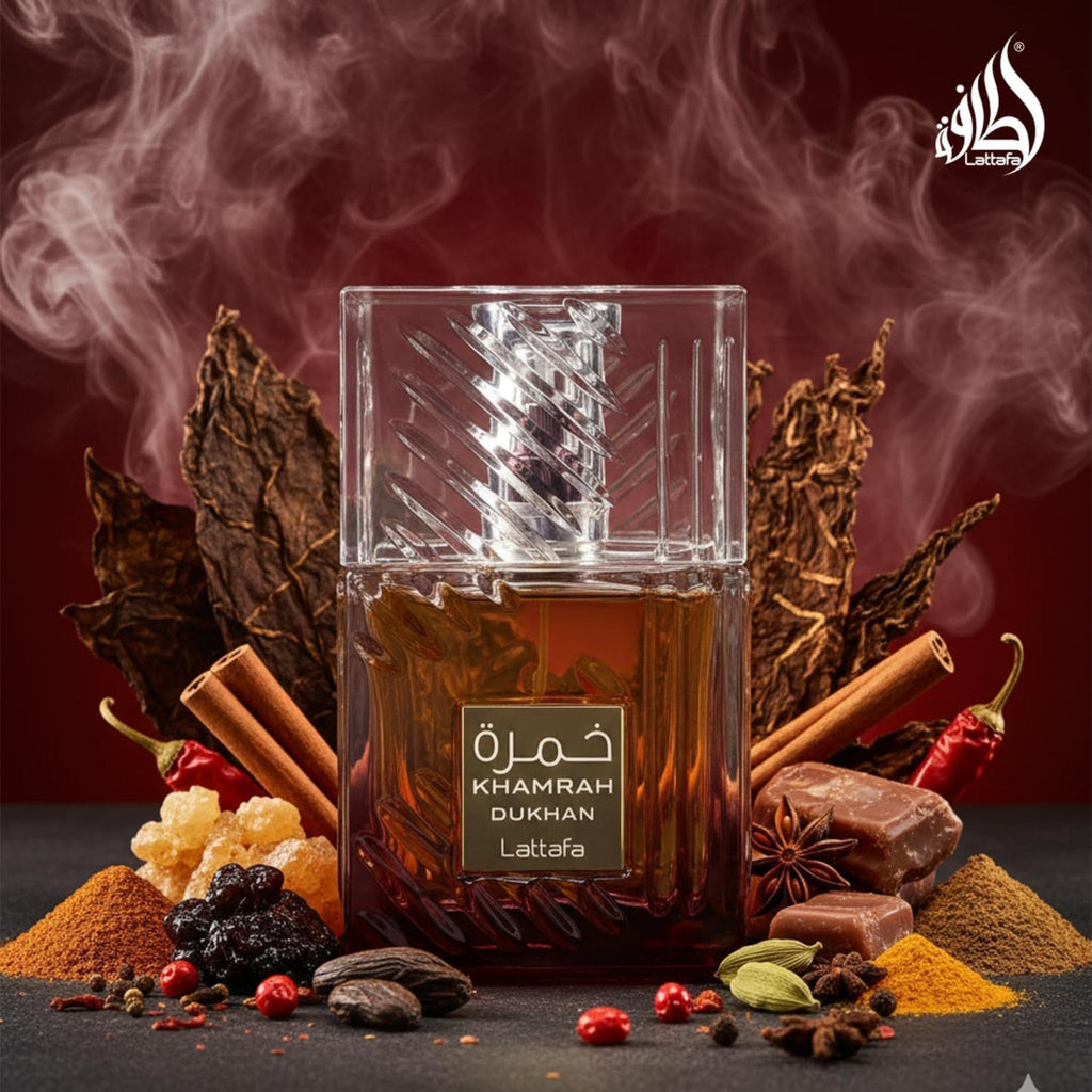 Refect Beauty Lattafa Khamrah Dukhan Eau de Parfum bottle surrounded by spices, tobacco leaves, and aromatic smoke