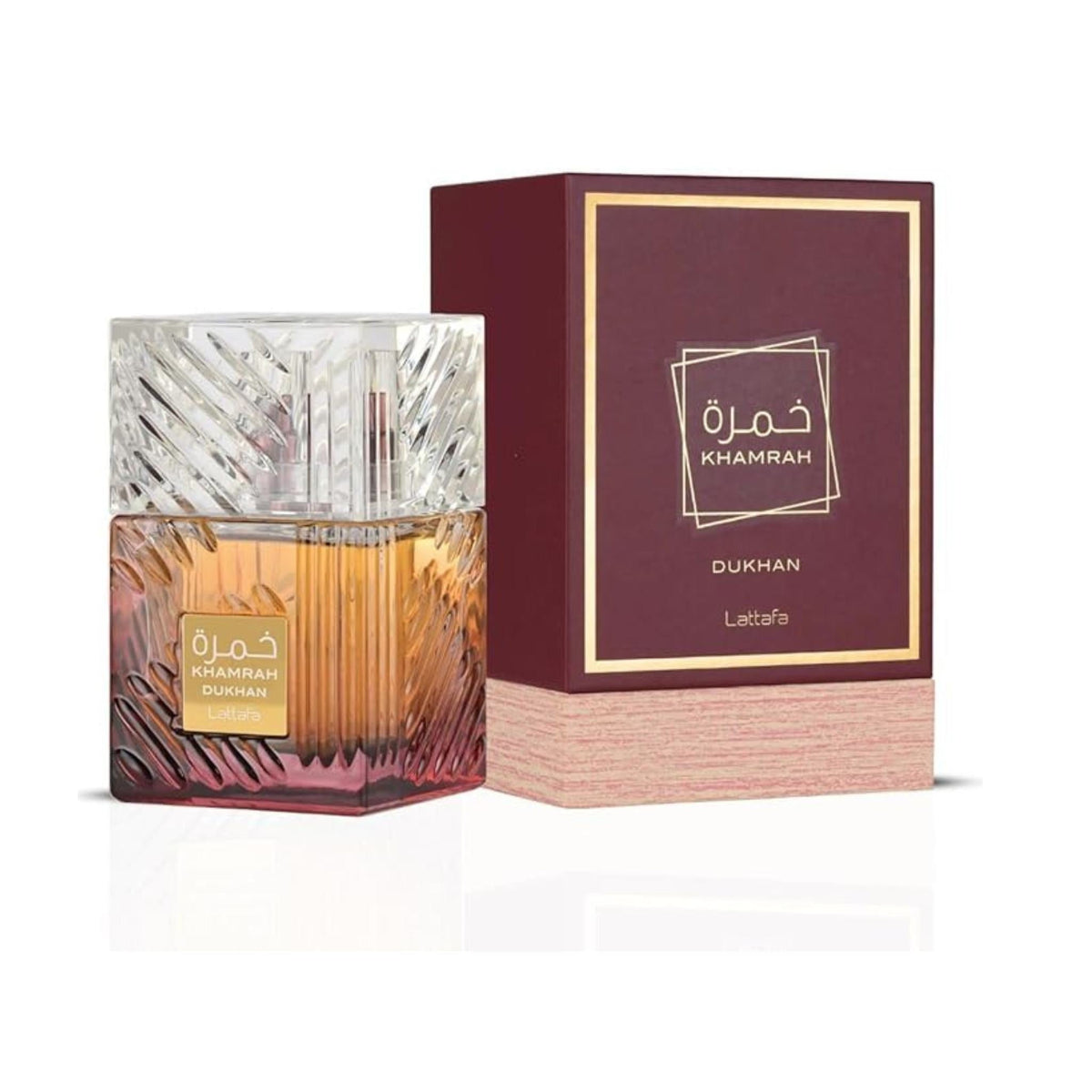 Refect Beauty Lattafa Khamrah Dukhan Eau de Parfum bottle and box featuring a smoky amber scent in a textured glass