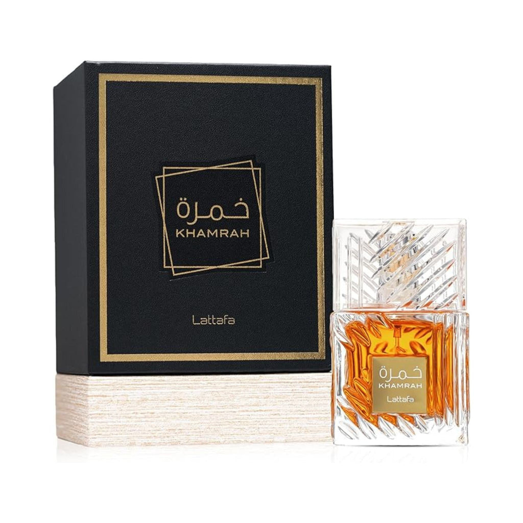 Refect Beauty Lattafa Khamrah Eau de Parfum bottle with textured glass and black presentation box