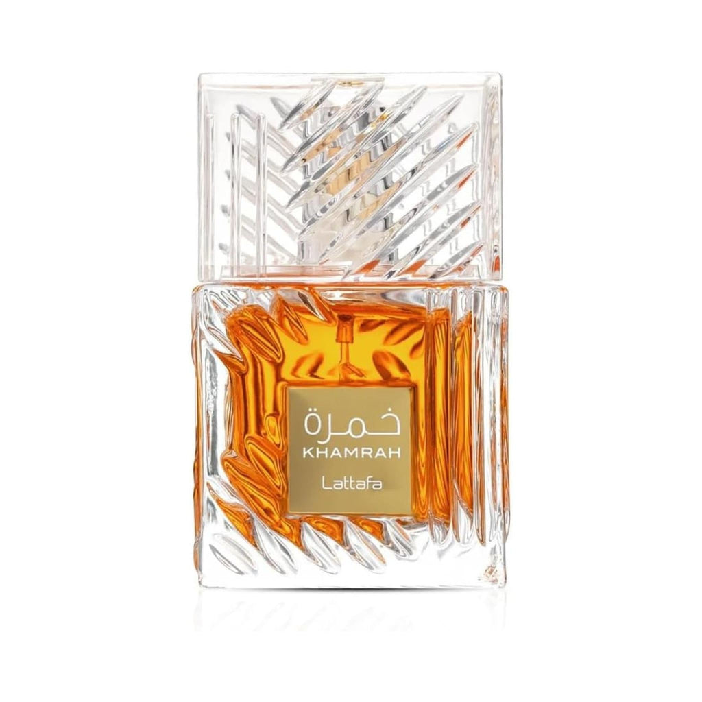 Refect Beauty Lattafa Khamrah Eau de Parfum in a luxurious, textured glass bottle with amber liquid.