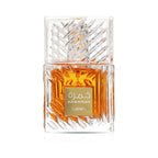 Refect Beauty Lattafa Khamrah Eau de Parfum in a luxurious, textured glass bottle with amber liquid.