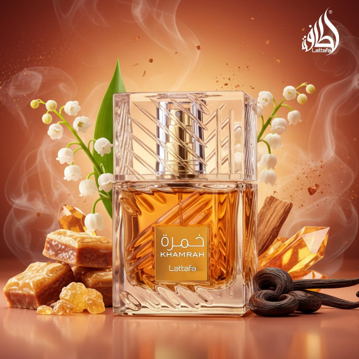 Refect Beauty Lattafa Khamrah Eau de Parfum bottle surrounded by vanilla, praline, and lily of the valley flowers.