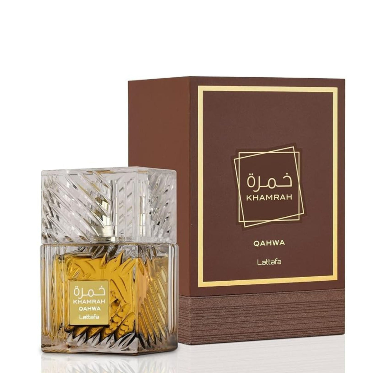 Refect Beauty Lattafa Khamrah Qahwa Eau de Parfum bottle with textured glass next to its brown and gold box.