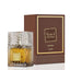 Refect Beauty Lattafa Khamrah Qahwa Eau de Parfum bottle with textured glass next to its brown and gold box.