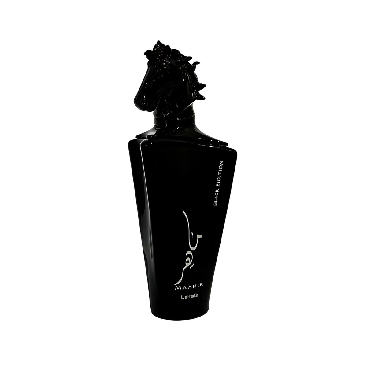 Refect Beauty Lattafa Maahir Black Edition unisex eau de parfum in a sleek black bottle with a horse head cap