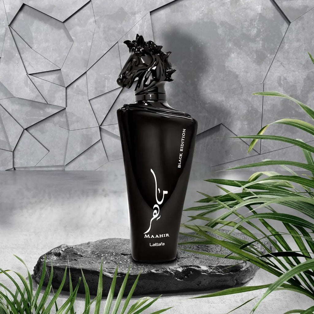 Refect Beauty Lattafa Maahir Black Edition unisex perfume bottle with a horse head cap on a stone base