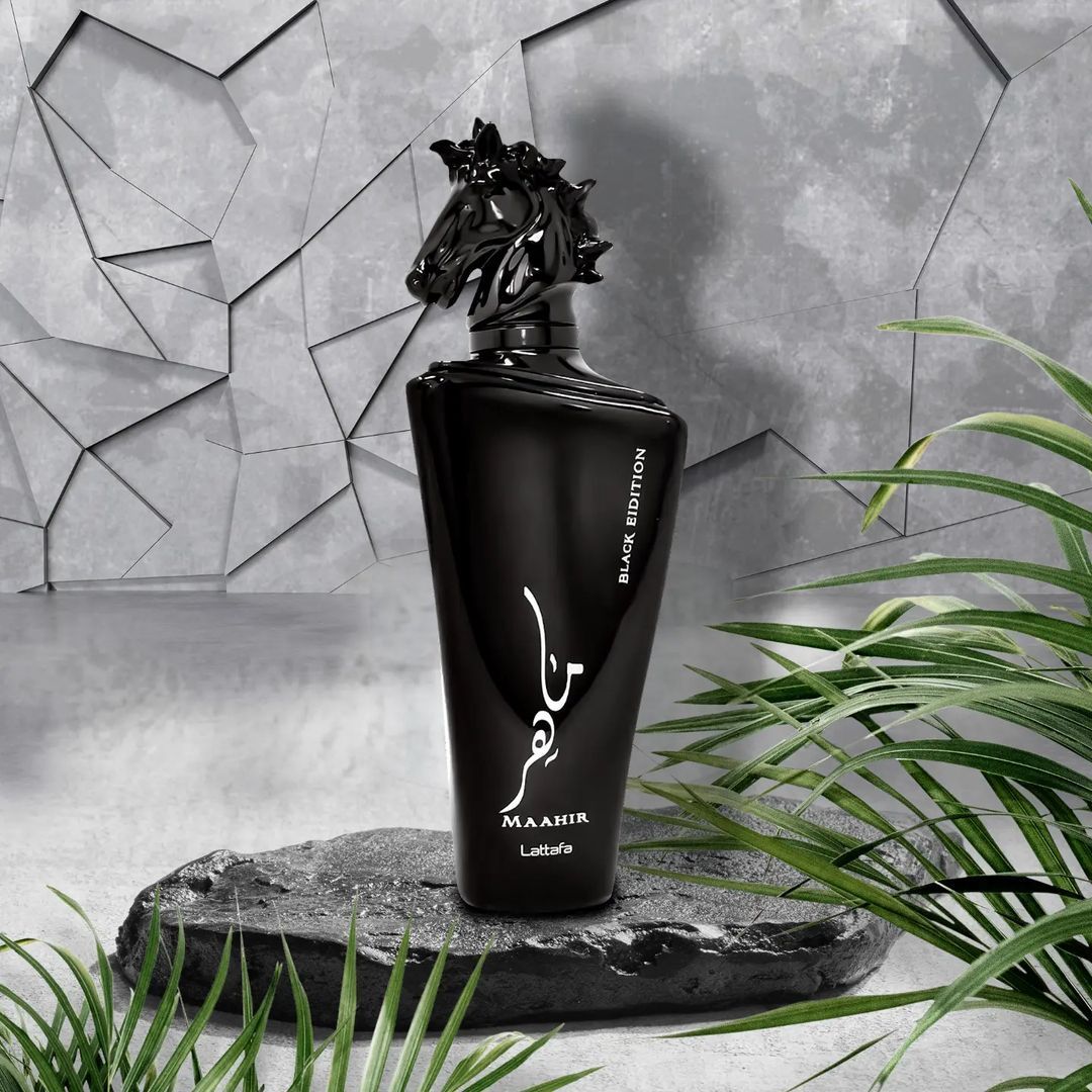 Refect Beauty Lattafa Maahir Black Edition unisex perfume bottle with a horse head cap on a stone base