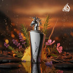 Refect Beauty Lattafa Maahir Legacy Eau de Parfum in a metallic silver bottle with a horse head cap, set in nature.