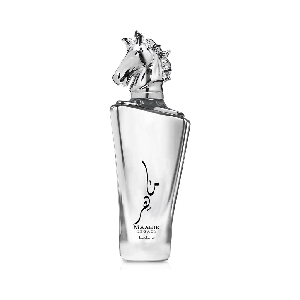 Refect Beauty Lattafa Maahir Legacy eau de parfum in a clear glass bottle with a silver horse head cap.
