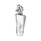 Refect Beauty Lattafa Maahir Legacy eau de parfum in a clear glass bottle with a silver horse head cap.