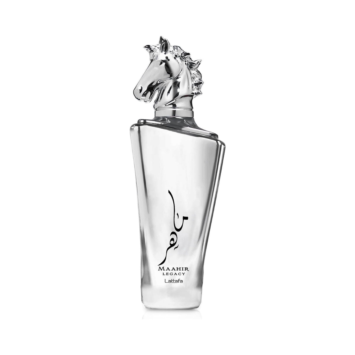 Refect Beauty Lattafa Maahir Legacy eau de parfum in a clear glass bottle with a silver horse head cap.