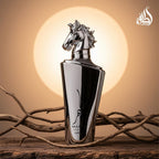 Refect Beauty Lattafa Maahir Legacy silver horse head perfume bottle on rustic wood with a warm glowing background