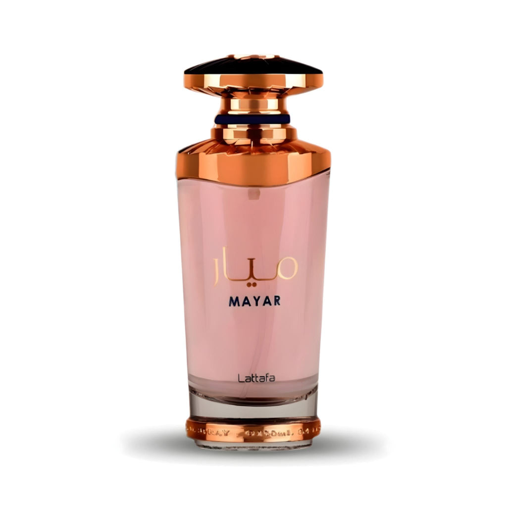 Refect Beauty Lattafa Mayar Eau de Parfum in a sleek glass bottle with rose gold accents and floral fruity scent