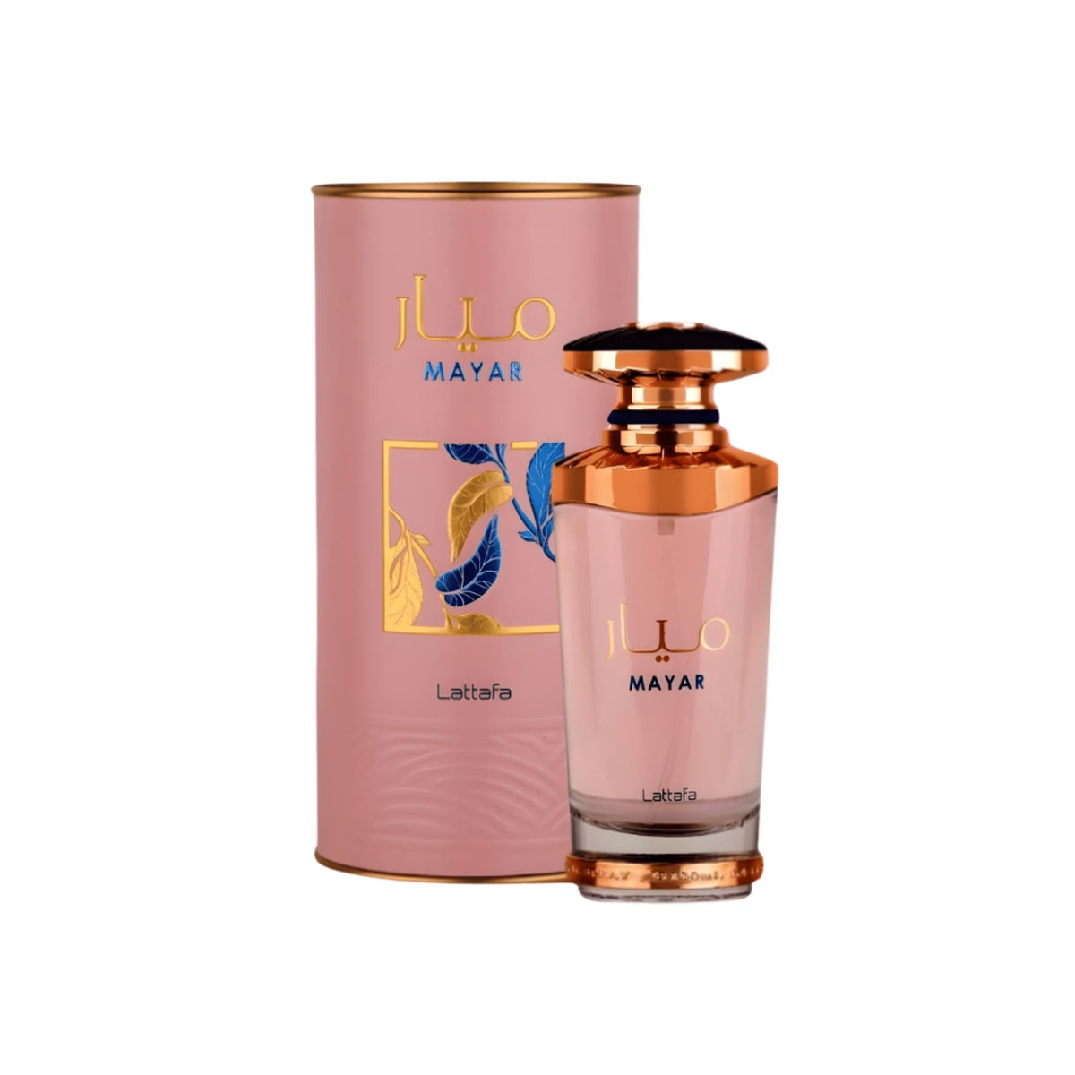 Refect Beauty Lattafa Mayar Eau de Parfum in a pink bottle and matching cylindrical box with gold accents