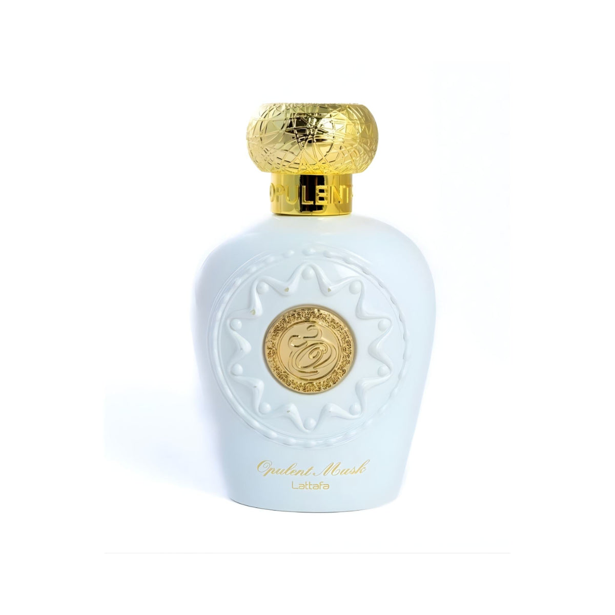 Refect Beauty Lattafa Opulent Musk Eau de Parfum in a white bottle with gold accents and a textured gold cap.