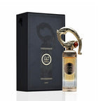 Refect Beauty Lattafa Pride Sehr eau de parfum bottle with ornate gold dragon cap next to its black presentation box.