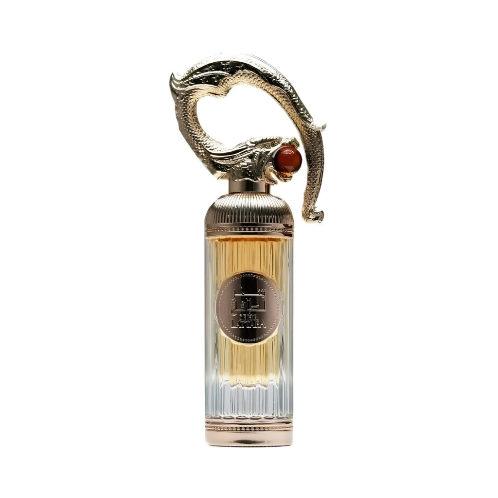 Refect Beauty Lattafa Pride Sehr Eau de Parfum in a luxury glass bottle with an ornate gold dragon-shaped cap.