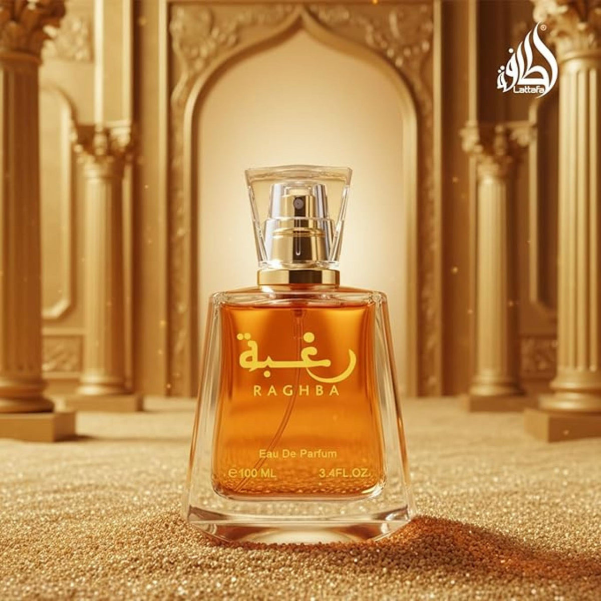 Refect Beauty Lattafa Raghba Eau de Parfum in a glass bottle set against a luxurious golden architectural background.